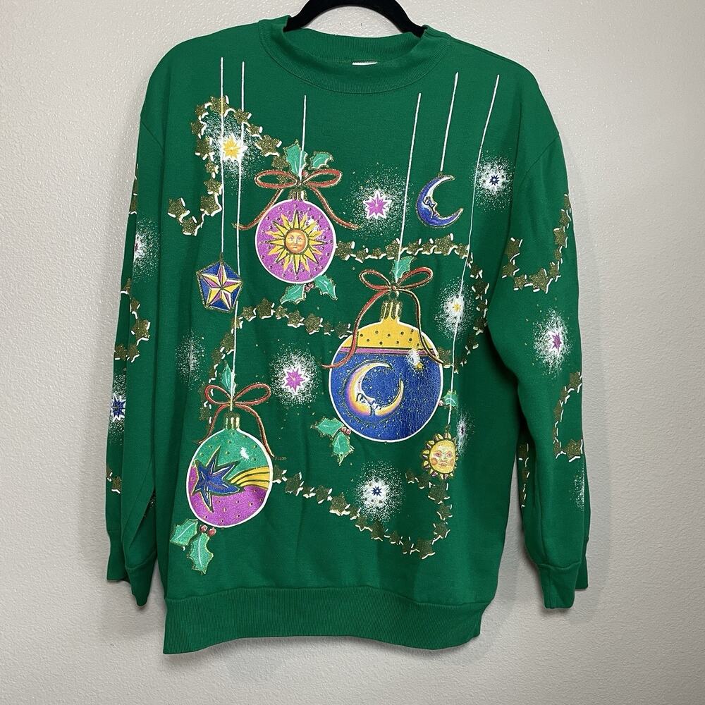 VTG 1990s Sweatshirt Pullover Green Celestial Christmas Ornaments Unisex Large